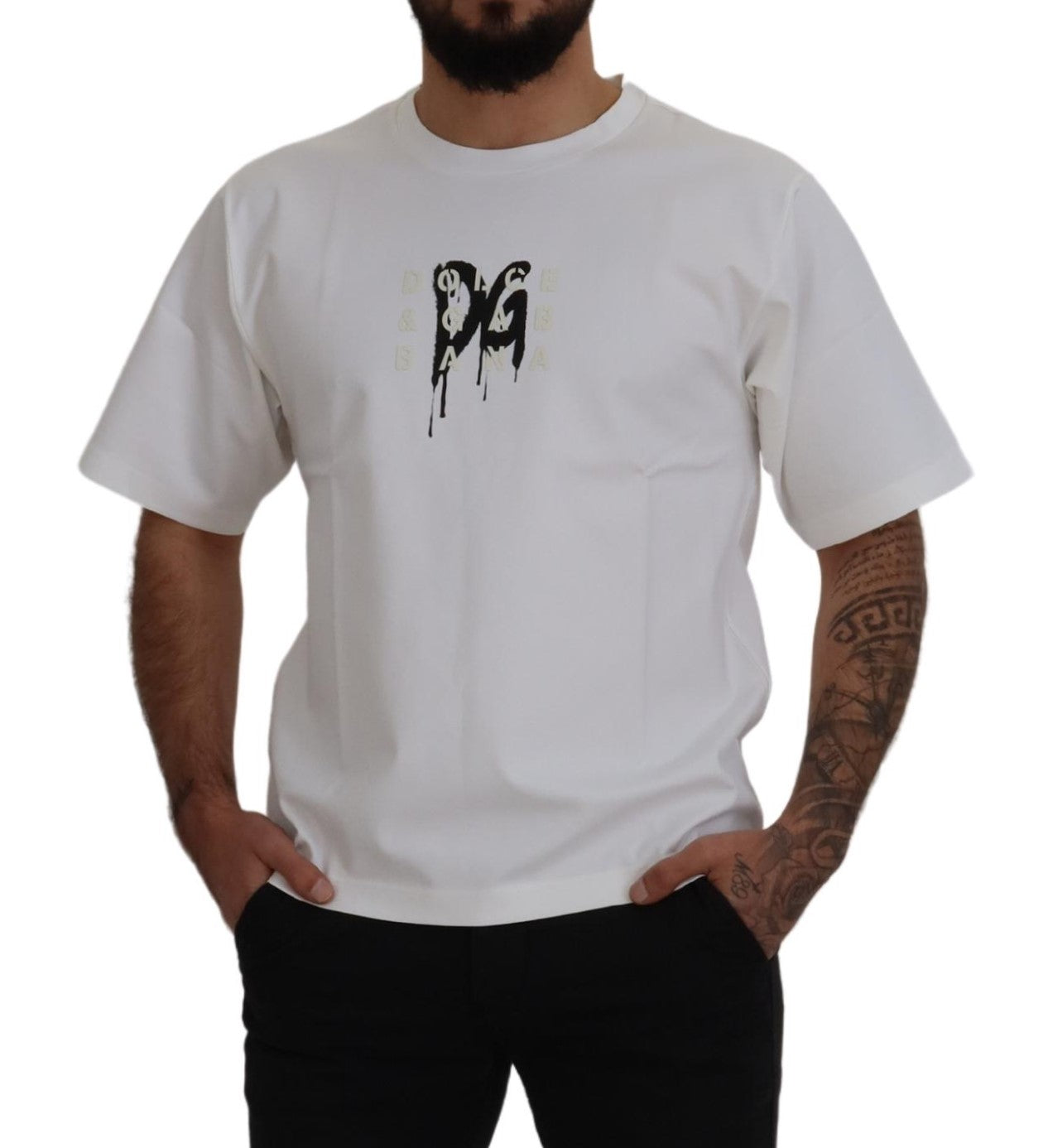 Dolce & Gabbana White Logo Print Cotton Crewneck T-shirt