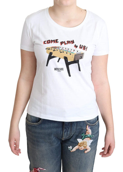 Moschino White Cotton Come Play 4 Us Print Tops T-shirt #women, feed-agegroup-adult, feed-color-White, feed-gender-female, IT40|S, IT42|M, IT44|L, IT46|XL, Moschino, Tops & T-Shirts - Women - Clothing, White, Women - New Arrivals at SEYMAYKA