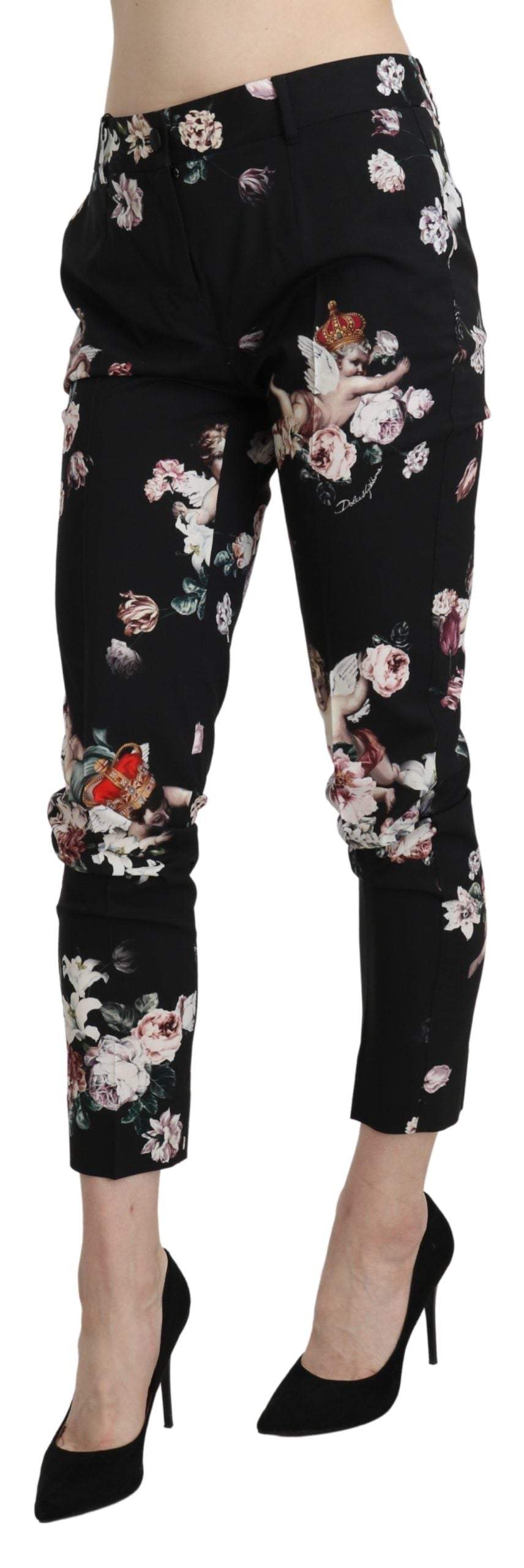 Dolce & Gabbana Black Angel Floral Cropped Trouser Wool Pants Black, Dolce & Gabbana, feed-agegroup-adult, feed-color-Black, feed-gender-female, IT40|S, Jeans & Pants - Women - Clothing, Women - New Arrivals at SEYMAYKA