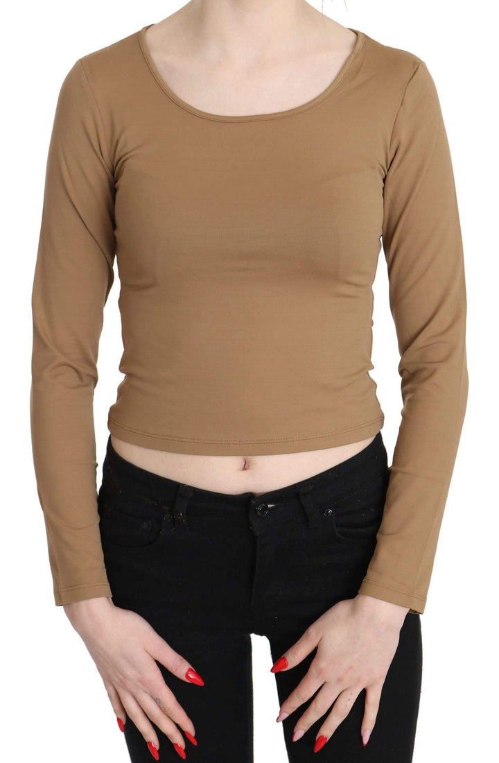 GF Ferre  Round Neck Long Sleeve Slim Crop Top Blouse #women, Brown, Catch, feed-agegroup-adult, feed-color-brown, feed-gender-female, feed-size-IT40|S, Gender_Women, GF Ferre, IT40|S, Kogan, Tops & T-Shirts - Women - Clothing, Women - New Arrivals at SEYMAYKA