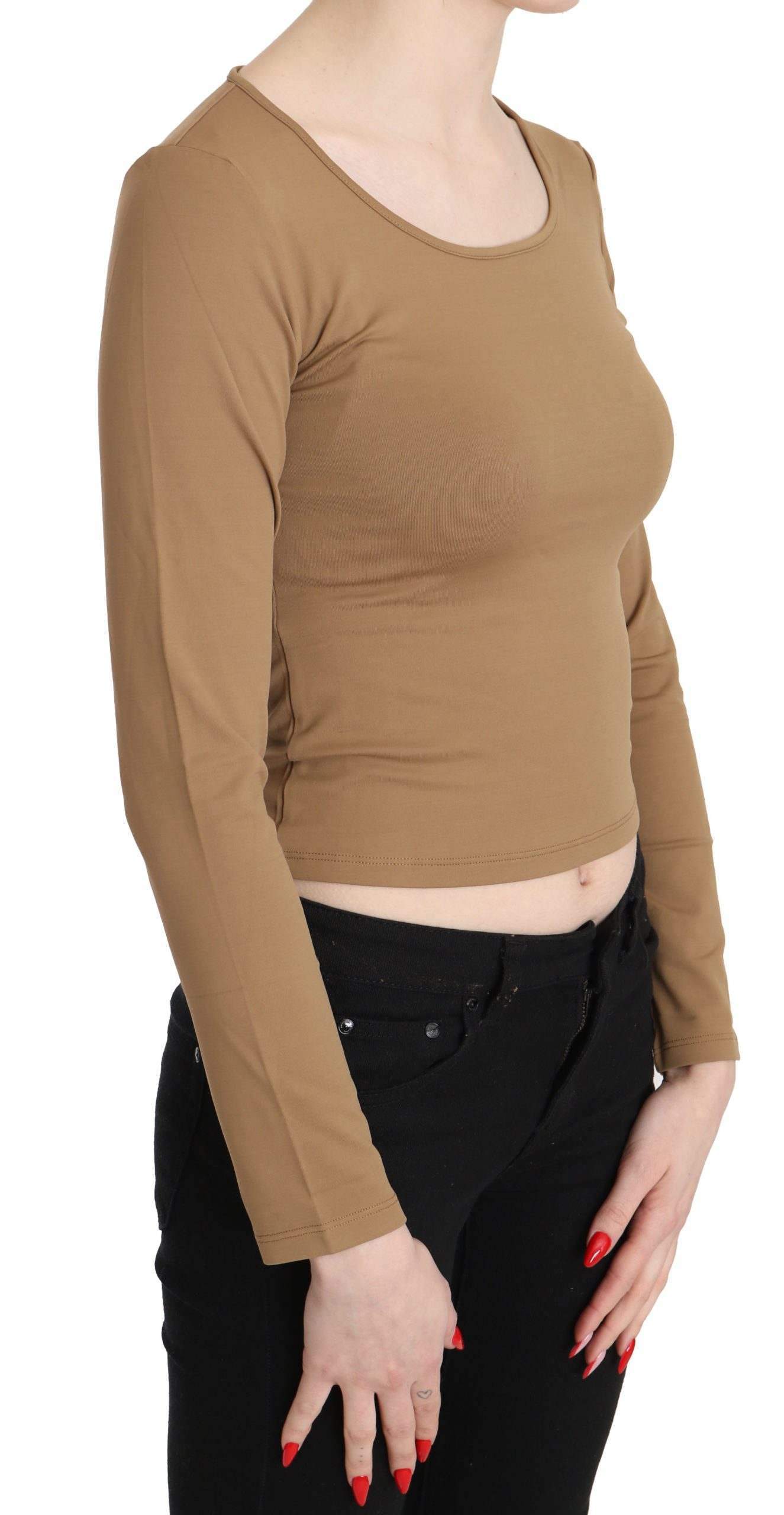 GF Ferre  Round Neck Long Sleeve Slim Crop Top Blouse #women, Brown, Catch, feed-agegroup-adult, feed-color-brown, feed-gender-female, feed-size-IT40|S, Gender_Women, GF Ferre, IT40|S, Kogan, Tops & T-Shirts - Women - Clothing, Women - New Arrivals at SEYMAYKA
