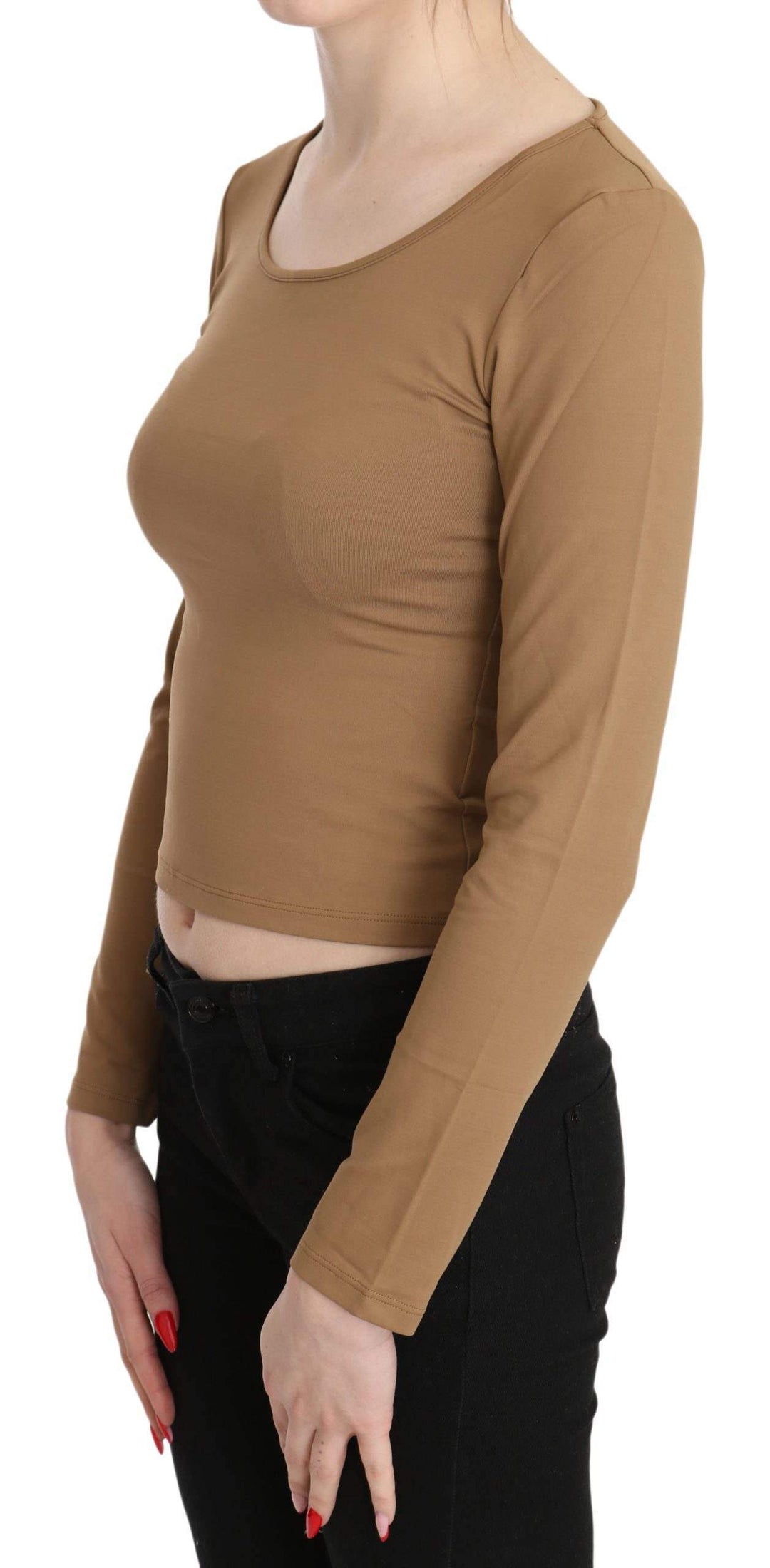 GF Ferre  Round Neck Long Sleeve Slim Crop Top Blouse #women, Brown, Catch, feed-agegroup-adult, feed-color-brown, feed-gender-female, feed-size-IT40|S, Gender_Women, GF Ferre, IT40|S, Kogan, Tops & T-Shirts - Women - Clothing, Women - New Arrivals at SEYMAYKA