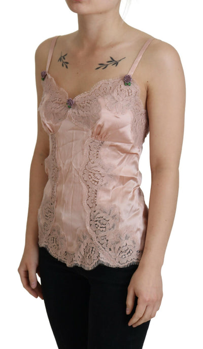 Pink Satin Lace Roses Tank Top Lingerie
