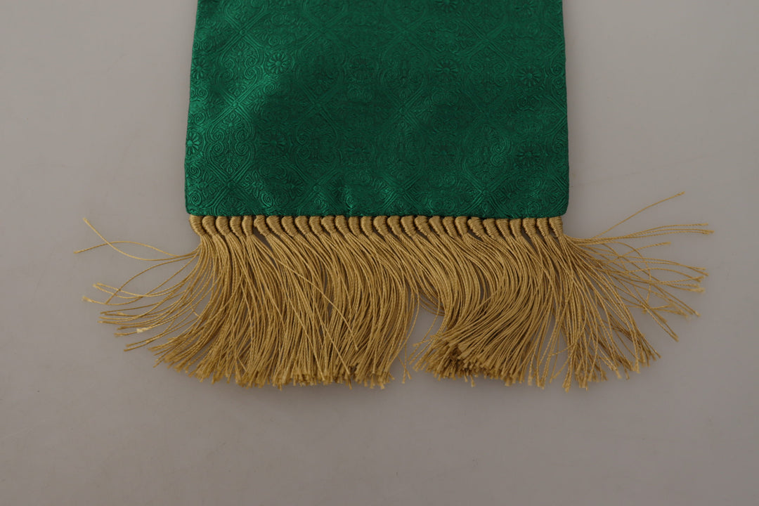 Dolce & Gabbana Green Crown Embroidered Shawl Fringe Blend Silk