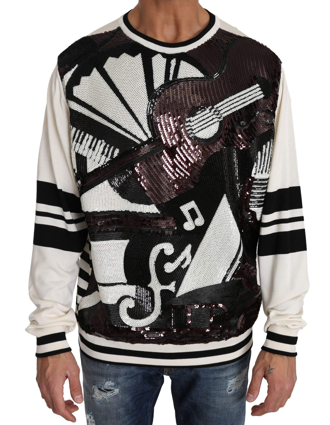 Dolce & Gabbana White Jazz Sequined Guitar Pullover Top Sweater #men, Black/White, Dolce & Gabbana, feed-agegroup-adult, feed-color-Black, feed-gender-male, IT44 | XS, IT46 | S, IT48 | M, IT50 | L, IT52 | XL, IT56 | XXL, Men - New Arrivals, Sweaters - Men - Clothing at SEYMAYKA
