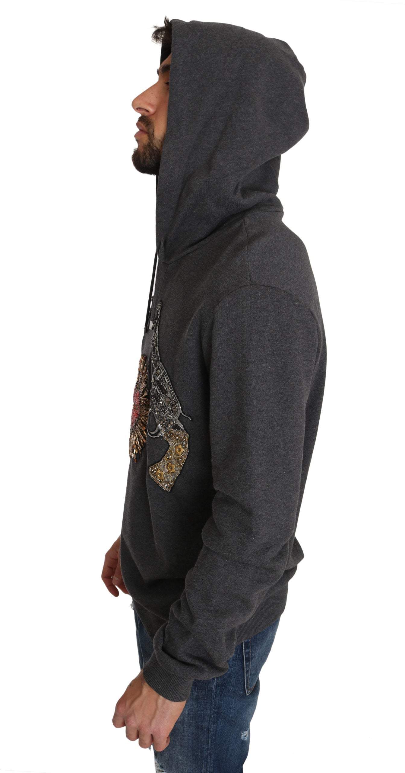 Dolce & Gabbana Gray Hooded Red Crystal Heart Gun Sweater #men, Dolce & Gabbana, feed-agegroup-adult, feed-color-Gray, feed-gender-male, Gray, IT44 | XS, IT48 | M, IT50 | L, IT54 | XXL, Men - New Arrivals, Sweaters - Men - Clothing at SEYMAYKA