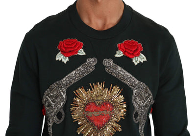 Dolce & Gabbana Green Crystal Heart Roses Gun Sweater #men, Dolce & Gabbana, feed-agegroup-adult, feed-color-Green, feed-gender-male, Green, IT44 | XS, IT46 | S, IT48 | M, IT50 | L, IT52 | XL, IT54 | XL, Men - New Arrivals, Sweaters - Men - Clothing at SEYMAYKA