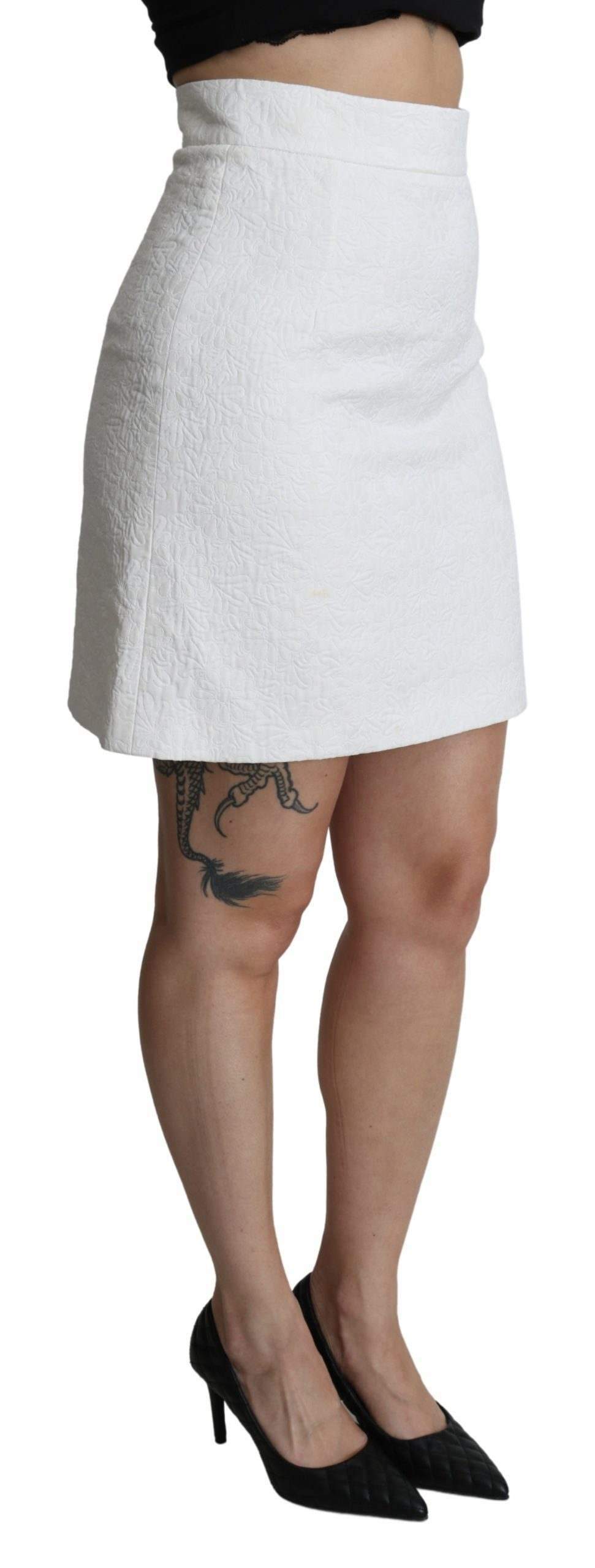 Dolce & Gabbana White Floral High Waist Mini Brocade Skirt #women, Brand_Dolce & Gabbana, Dolce & Gabbana, feed-agegroup-adult, feed-color-white, feed-gender-female, feed-size-IT40|S, feed-size-IT42|M, feed-size-IT44|L, Gender_Women, IT40|S, IT42|M, IT44|L, Skirts - Women - Clothing, White, Women - New Arrivals at SEYMAYKA