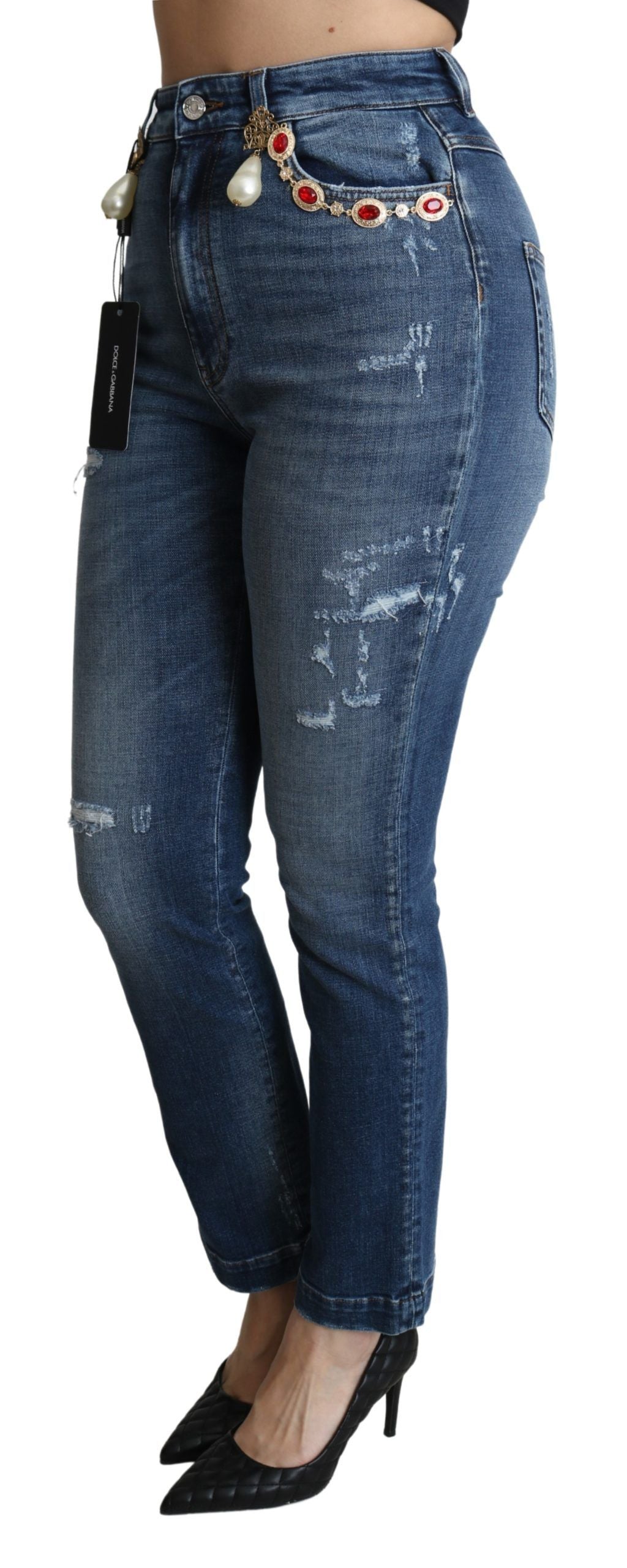 Blue Crystal Embellished Slim Fit Pants Jeans