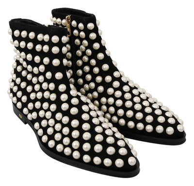 Dolce & Gabbana Black Suede Pearl Studs Boots Shoes #women, Black, Boots - Women - Shoes, Brand_Dolce & Gabbana, Dolce & Gabbana, EU39/US8.5, feed-agegroup-adult, feed-color-black, feed-gender-female, feed-size-US8.5, Gender_Women, Shoes - New Arrivals at SEYMAYKA