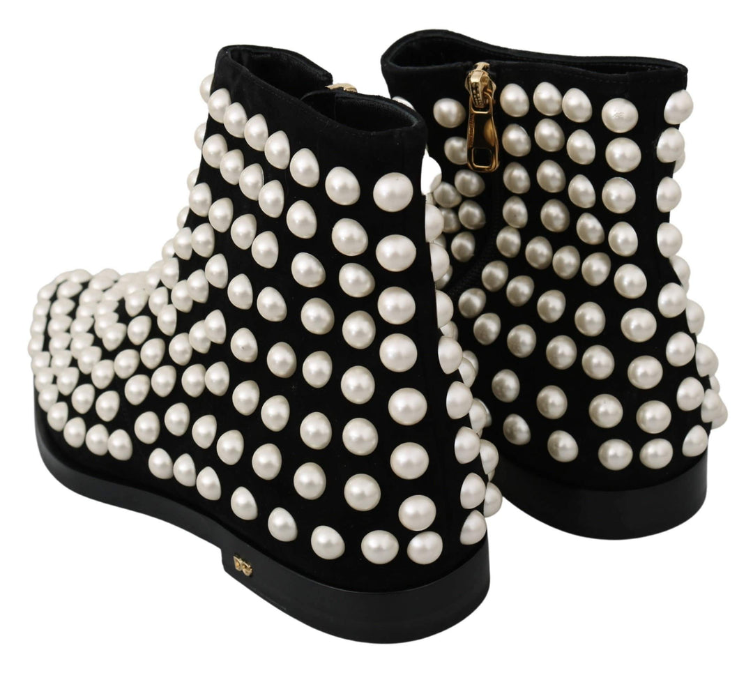 Dolce & Gabbana Black Suede Pearl Studs Boots Shoes #women, Black, Boots - Women - Shoes, Brand_Dolce & Gabbana, Dolce & Gabbana, EU39/US8.5, feed-agegroup-adult, feed-color-black, feed-gender-female, feed-size-US8.5, Gender_Women, Shoes - New Arrivals at SEYMAYKA