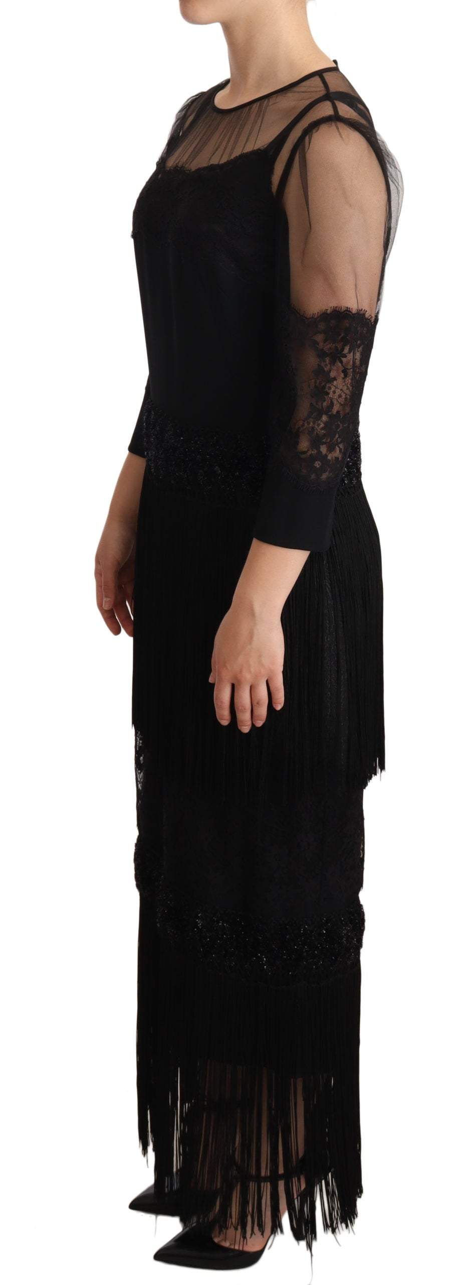 Dolce & Gabbana Black Sheer Floral Lace Crystal Maxi Dress Black, Dolce & Gabbana, Dresses - Women - Clothing, feed-agegroup-adult, feed-color-Black, feed-gender-female, IT44|L at SEYMAYKA