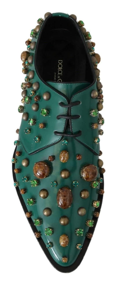 Dolce & Gabbana Green Leather Crystal Dress Broque Shoes #women, Brand_Dolce & Gabbana, Dolce & Gabbana, EU41/US10.5, feed-agegroup-adult, feed-color-green, feed-gender-female, feed-size-US10.5, Flat Shoes - Women - Shoes, Gender_Women, Green, Shoes - New Arrivals at SEYMAYKA