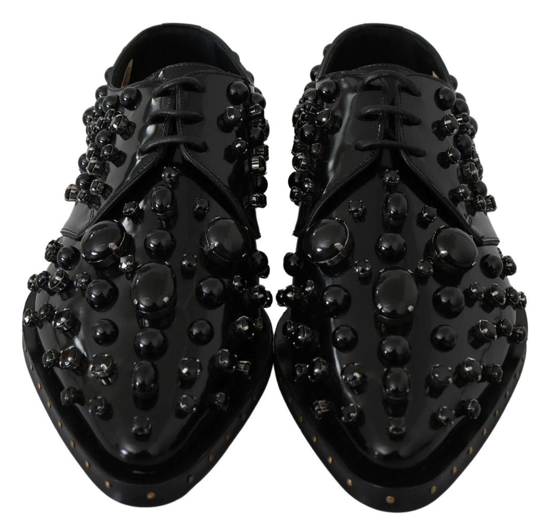Dolce & Gabbana Black Leather Crystals Dress Broque Shoes #women, Black, Brand_Dolce & Gabbana, Dolce & Gabbana, EU39/US8.5, feed-agegroup-adult, feed-color-black, feed-gender-female, feed-size-US8.5, Flat Shoes - Women - Shoes, Gender_Women, Shoes - New Arrivals at SEYMAYKA