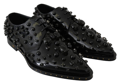 Dolce & Gabbana Black Leather Crystals Dress Broque Shoes #women, Black, Brand_Dolce & Gabbana, Dolce & Gabbana, EU40/US9.5, feed-agegroup-adult, feed-color-black, feed-gender-female, feed-size-US9.5, Flat Shoes - Women - Shoes, Gender_Women, Shoes - New Arrivals at SEYMAYKA