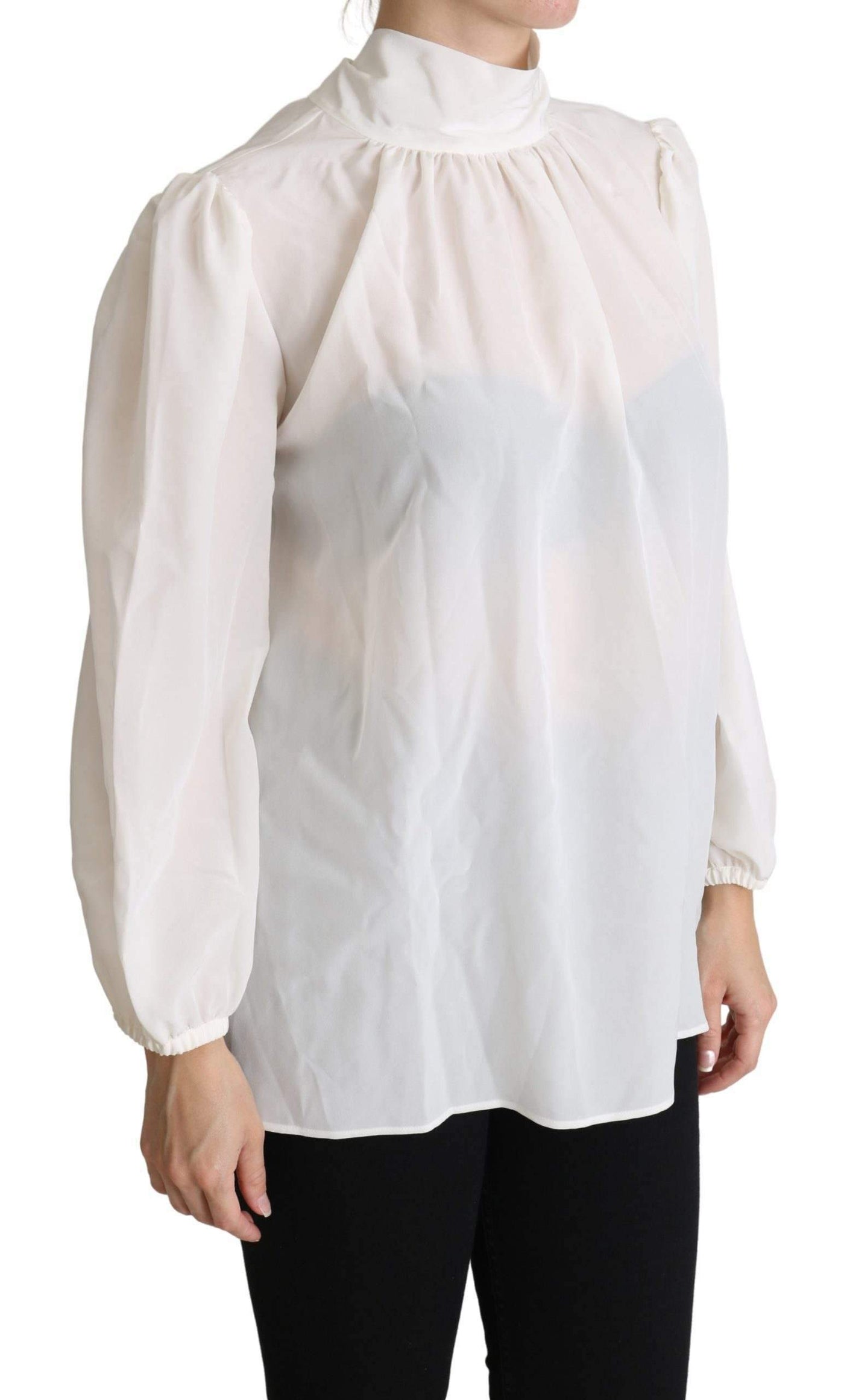 Dolce & Gabbana White Silk Pussy Bow Long Sleeved Top Blouse #women, Brand_Dolce & Gabbana, Dolce & Gabbana, feed-agegroup-adult, feed-color-white, feed-gender-female, feed-size-IT44|L, Gender_Women, IT44|L, Tops & T-Shirts - Women - Clothing, White, Women - New Arrivals at SEYMAYKA