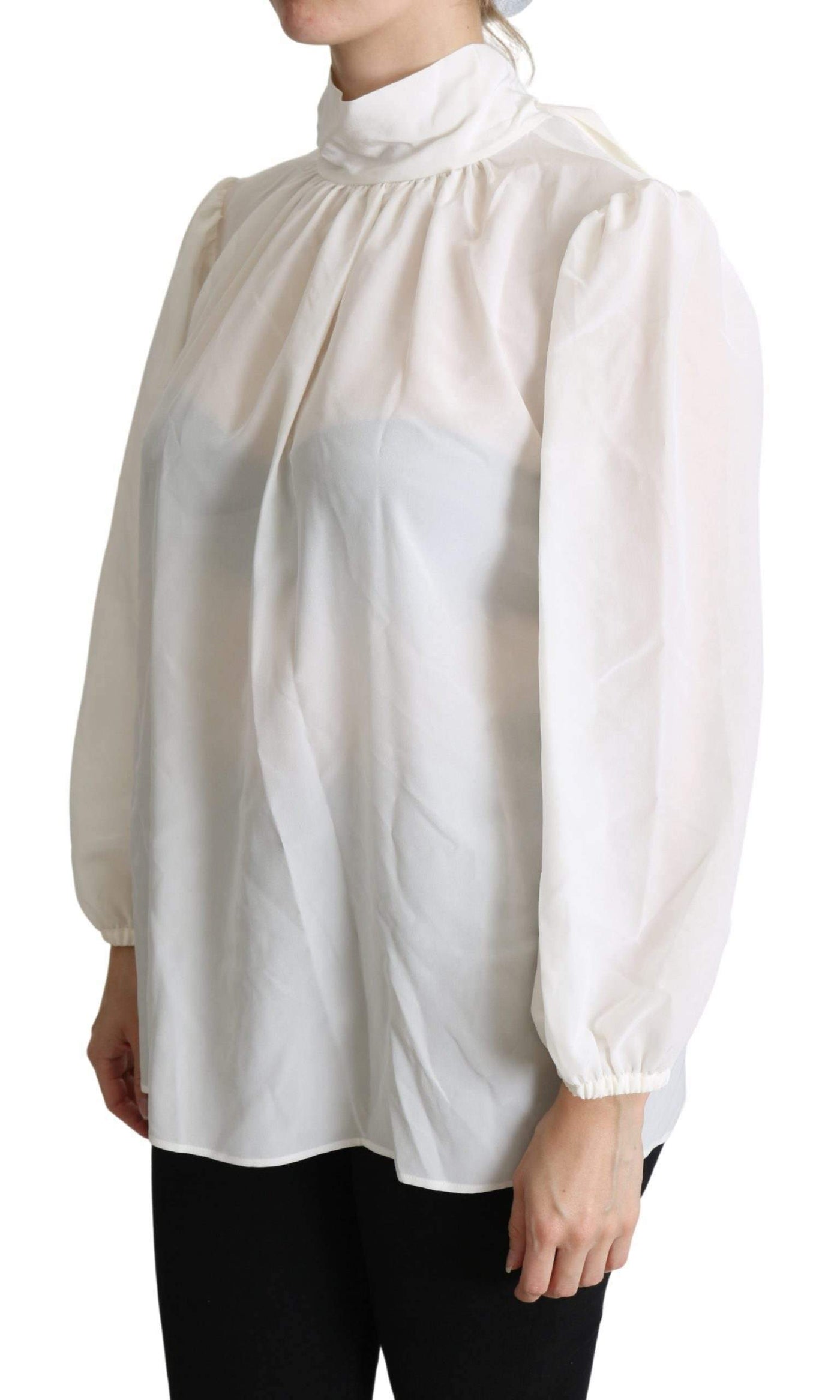Dolce & Gabbana White Silk Pussy Bow Long Sleeved Top Blouse #women, Brand_Dolce & Gabbana, Dolce & Gabbana, feed-agegroup-adult, feed-color-white, feed-gender-female, feed-size-IT44|L, Gender_Women, IT44|L, Tops & T-Shirts - Women - Clothing, White, Women - New Arrivals at SEYMAYKA