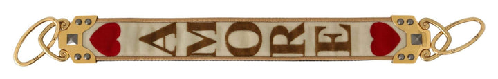 Dolce & Gabbana Gold White Textile Leather AMORE Shoulder Strap #women, Accessories - New Arrivals, Brand_Dolce & Gabbana, Dolce & Gabbana, feed-agegroup-adult, feed-color-gold, feed-gender-female, feed-size-OS, Gender_Women, Gold, Other - Women - Accessories at SEYMAYKA
