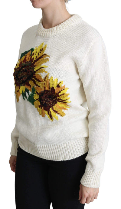 Dolce & Gabbana White Floral Wool Pullover Sunflower Sweater #women, Brand_Dolce & Gabbana, Dolce & Gabbana, feed-agegroup-adult, feed-color-white, feed-gender-female, feed-size-IT36 | XS, Gender_Women, IT36 | XS, Sweaters - Women - Clothing, White, Women - New Arrivals at SEYMAYKA