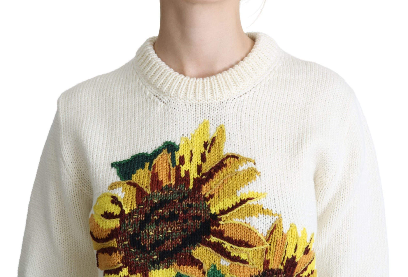 Dolce & Gabbana White Floral Wool Pullover Sunflower Sweater #women, Brand_Dolce & Gabbana, Dolce & Gabbana, feed-agegroup-adult, feed-color-white, feed-gender-female, feed-size-IT36 | XS, Gender_Women, IT36 | XS, Sweaters - Women - Clothing, White, Women - New Arrivals at SEYMAYKA