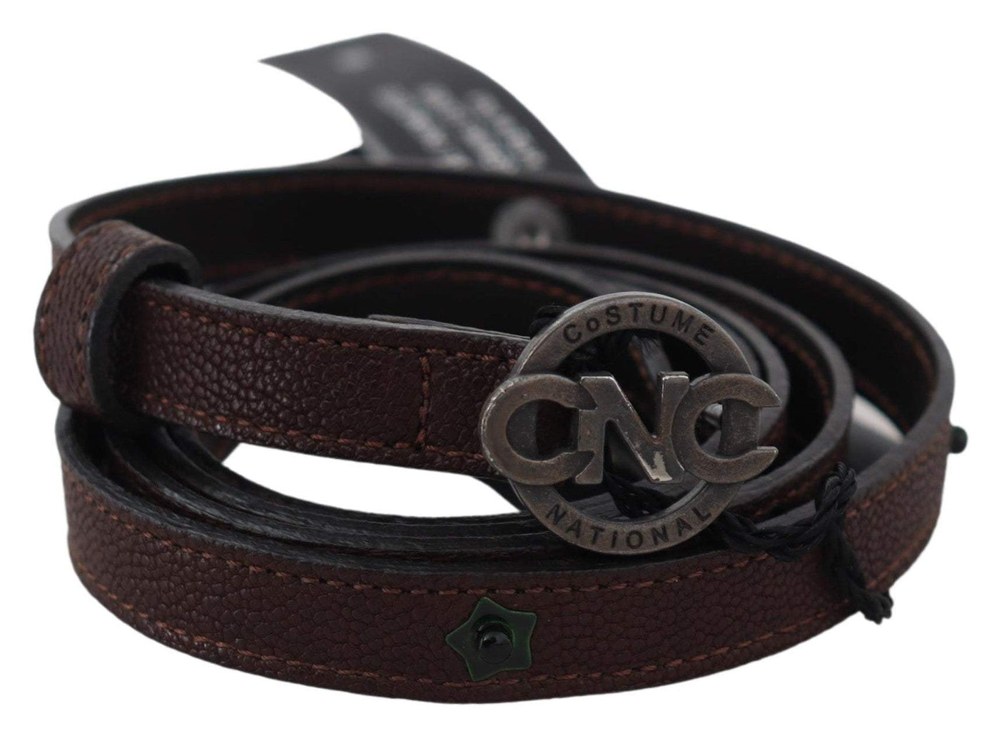 Costume National Brown Skinny Leather Round Logo Buckle Belt #women, 100 cm / 40 Inches, Accessories - New Arrivals, Belts - Women - Accessories, Brown, Costume National, feed-agegroup-adult, feed-color-brown, feed-gender-female at SEYMAYKA