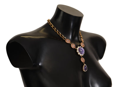 Dolce & Gabbana Gold Brass Crystal Purple Pink Pearl Pendants Necklace