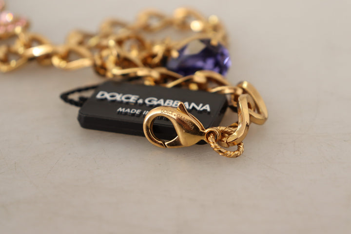 Dolce & Gabbana Gold Brass Crystal Purple Pink Pearl Pendants Necklace