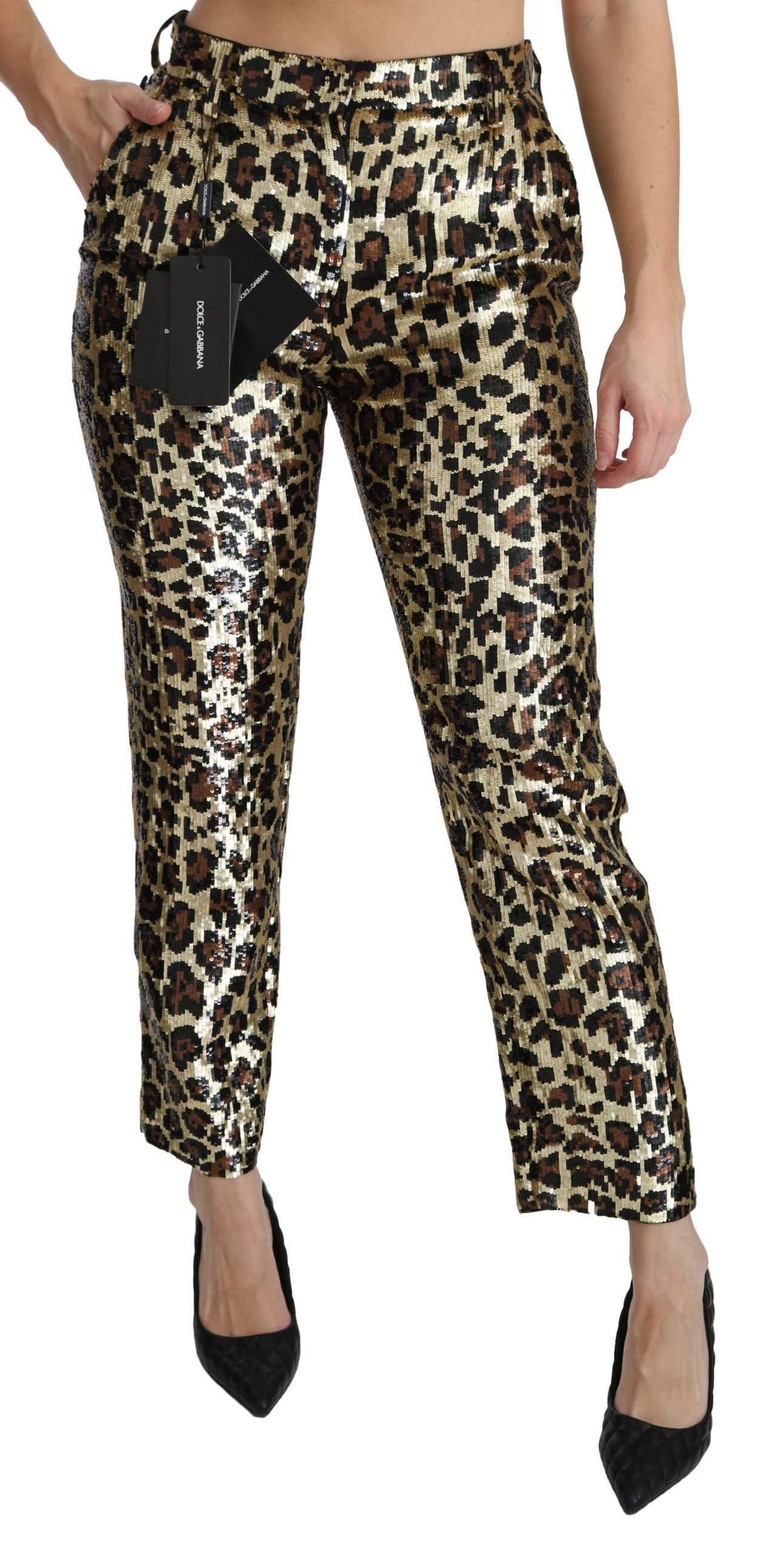 Dolce & Gabbana  Brown Leopard Sequined High Waist Pants #women, Brand_Dolce & Gabbana, Catch, Dolce & Gabbana, feed-agegroup-adult, feed-color-gold, feed-gender-female, feed-size-IT38|XS, feed-size-IT42|M, feed-size-IT44|L, feed-size-IT48|XXL, Gender_Women, Gold, IT38|XS, IT42|M, IT44|L, IT46|XL, IT48|XXL, Jeans & Pants - Women - Clothing, Kogan, Women - New Arrivals at SEYMAYKA