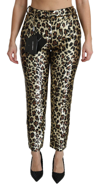 Dolce & Gabbana  Brown Leopard Sequined High Waist Pants #women, Brand_Dolce & Gabbana, Catch, Dolce & Gabbana, feed-agegroup-adult, feed-color-gold, feed-gender-female, feed-size-IT38|XS, feed-size-IT42|M, feed-size-IT44|L, feed-size-IT48|XXL, Gender_Women, Gold, IT38|XS, IT42|M, IT44|L, IT46|XL, IT48|XXL, Jeans & Pants - Women - Clothing, Kogan, Women - New Arrivals at SEYMAYKA