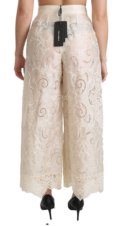 Dolce & Gabbana  Cream Lace High Waist Palazzo Cropped Pants #women, Brand_Dolce & Gabbana, Catch, Cream, Dolce & Gabbana, feed-agegroup-adult, feed-color-cream, feed-gender-female, feed-size-IT44|L, Gender_Women, IT44|L, Jeans & Pants - Women - Clothing, Kogan, Women - New Arrivals at SEYMAYKA