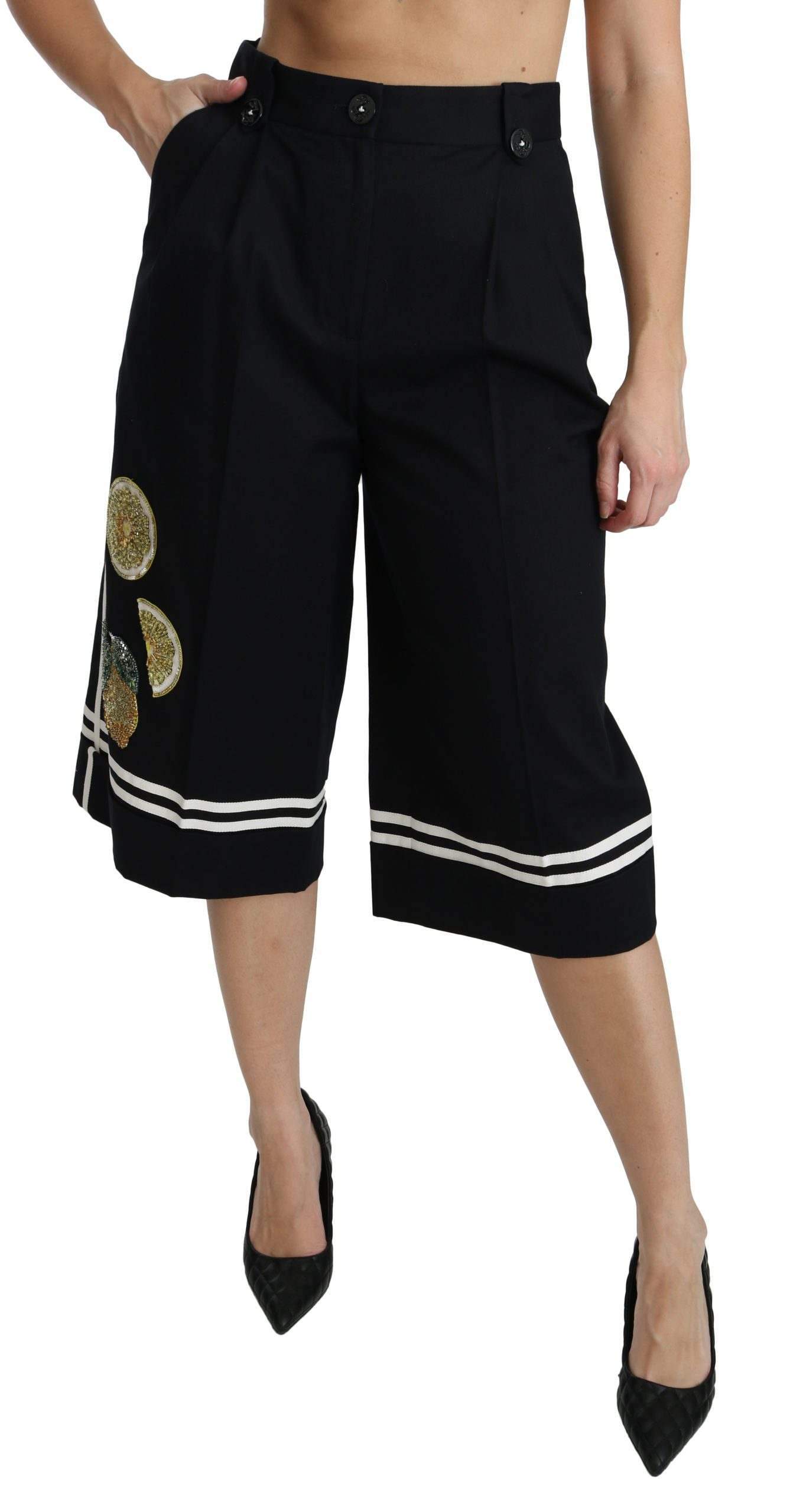 Dolce & Gabbana  Black Lemon Embellished Palazzo Cropped Pants #women, Black, Brand_Dolce & Gabbana, Catch, Dolce & Gabbana, feed-agegroup-adult, feed-color-black, feed-gender-female, feed-size-IT40|S, Gender_Women, IT40|S, Jeans & Pants - Women - Clothing, Kogan, Women - New Arrivals at SEYMAYKA