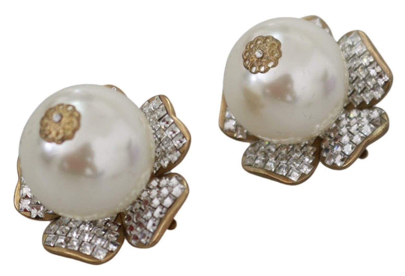 Dolce & Gabbana Gold Tone Maxi Faux Pearl Floral Clip-on Jewelry Earrings #women, Accessories - New Arrivals, Brand_Dolce & Gabbana, Dolce & Gabbana, Earrings - Women - Jewelry, feed-agegroup-adult, feed-color-gold, feed-gender-female, feed-size-OS, Gender_Women, Gold at SEYMAYKA