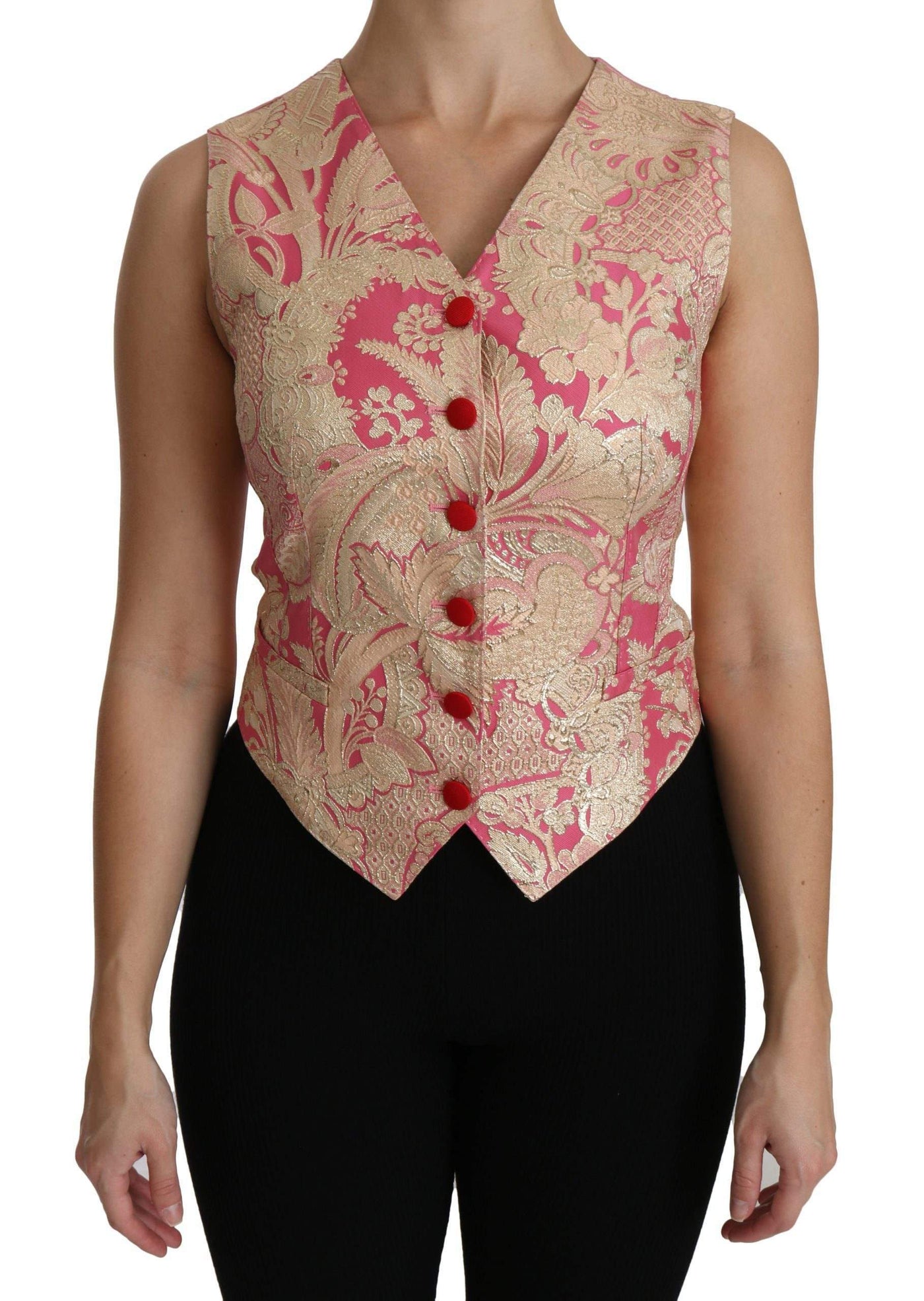 Dolce & Gabbana  Pink Gold Brocade Waistcoat Vest Blouse Top #women, Brand_Dolce & Gabbana, Catch, Dolce & Gabbana, feed-agegroup-adult, feed-color-gold, feed-color-pink, feed-gender-female, feed-size-IT38|XS, feed-size-IT40|S, Gender_Women, Gold and Pink, IT38|XS, IT40|S, Kogan, Vest - Women - Clothing, Women - New Arrivals at SEYMAYKA