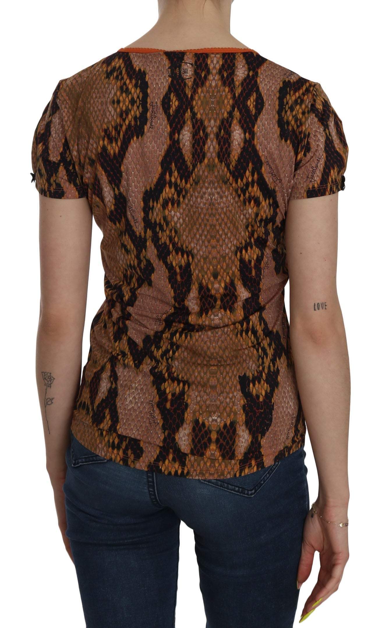 Just Cavalli Snake Skin Print Short Sleeve Top T-shirt #women, Brown, feed-agegroup-adult, feed-color-brown, feed-gender-female, IT44 | M, IT46 | L, Just Cavalli, Tops & T-Shirts - Women - Clothing, Women - New Arrivals at SEYMAYKA