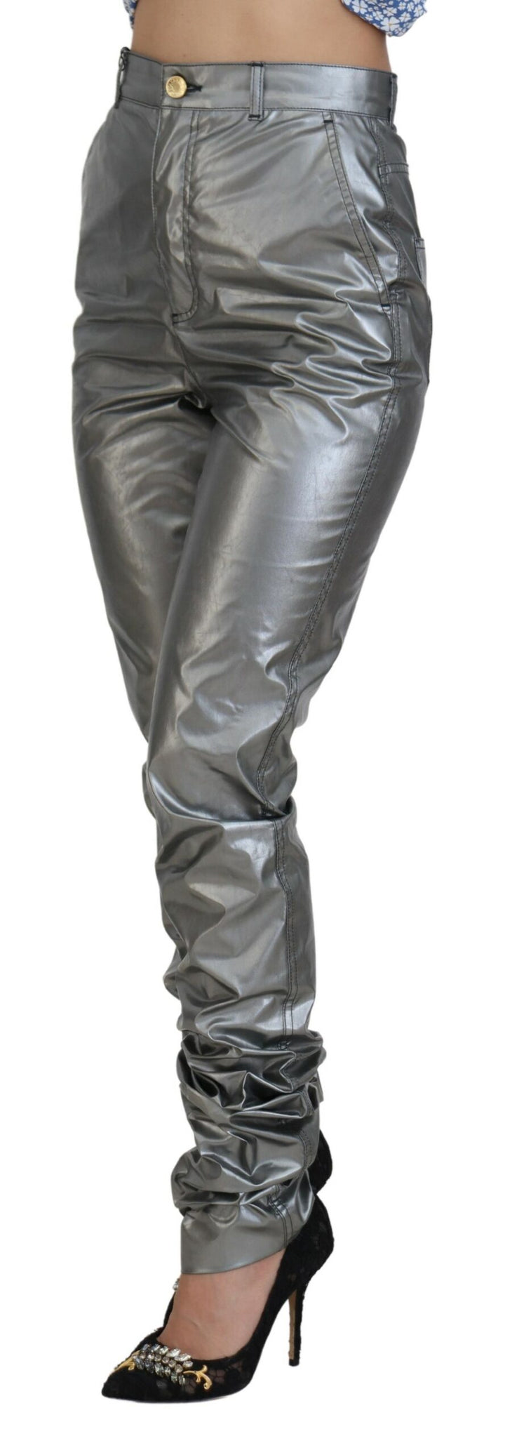 Metallic Silver High Waist Skinny Pants