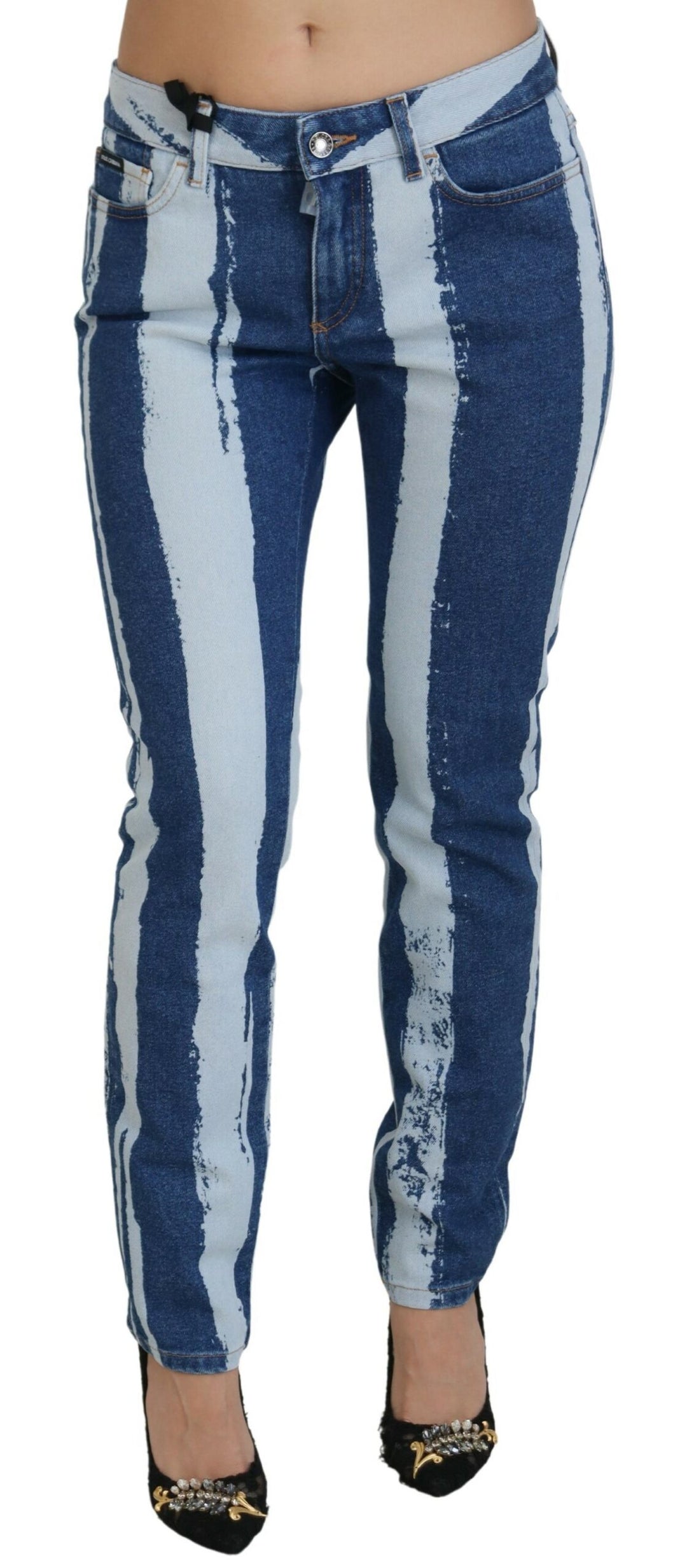 Cobalt Blue Stripes Skinny Denim Cotton Jeans