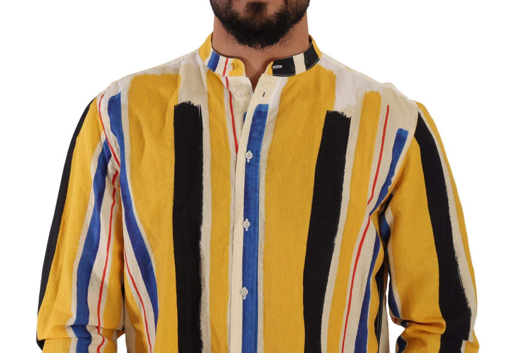 Dolce & Gabbana Yellow Striped Henley Linen Cotton Shirt #men, Dolce & Gabbana, feed-1, IT40 | M, Shirts - Men - Clothing, Yellow at SEYMAYKA