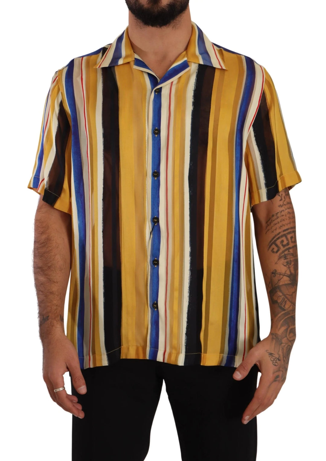 Dolce & Gabbana Yellow Striped Short Sleeve Silk Shirt #men, Dolce & Gabbana, feed-1, IT40 | M, Shirts - Men - Clothing, Yellow at SEYMAYKA