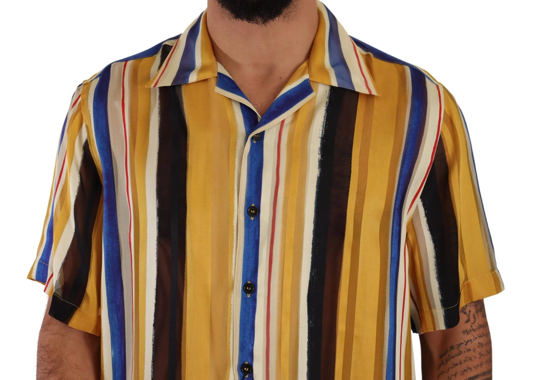 Dolce & Gabbana Yellow Striped Short Sleeve Silk Shirt #men, Dolce & Gabbana, feed-1, IT40 | M, Shirts - Men - Clothing, Yellow at SEYMAYKA