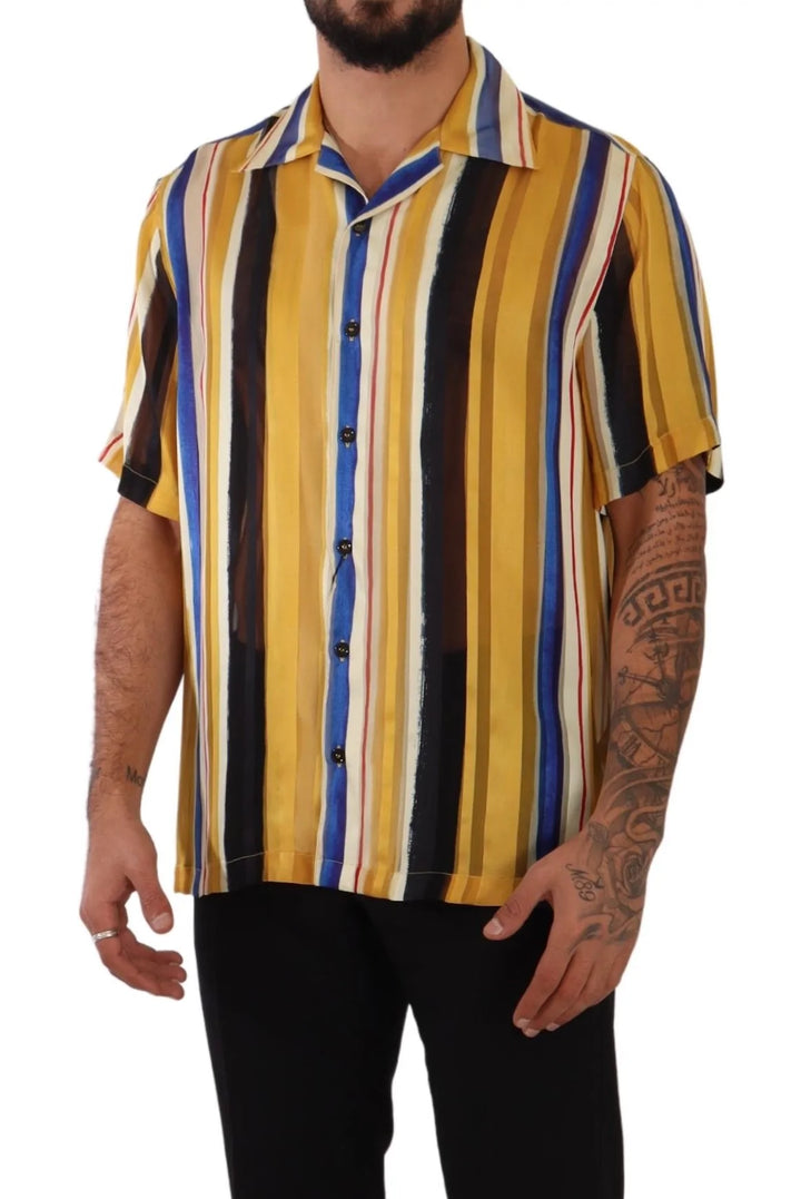 Dolce & Gabbana Yellow Striped Short Sleeve Silk Shirt #men, Dolce & Gabbana, feed-1, IT40 | M, Shirts - Men - Clothing, Yellow at SEYMAYKA
