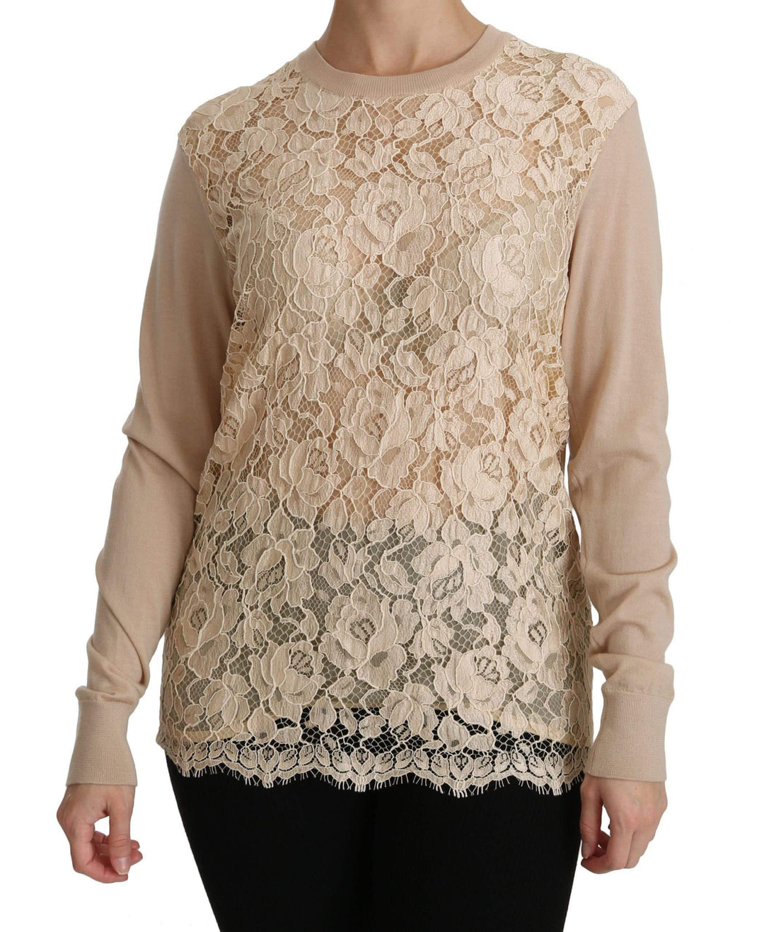 Dolce & Gabbana  Beige Lace Long Sleeve Top Cashmere Blouse #women, Beige, Brand_Dolce & Gabbana, Catch, Dolce & Gabbana, feed-agegroup-adult, feed-color-beige, feed-gender-female, feed-size-IT38|XS, Gender_Women, IT38|XS, Kogan, Tops & T-Shirts - Women - Clothing, Women - New Arrivals at SEYMAYKA