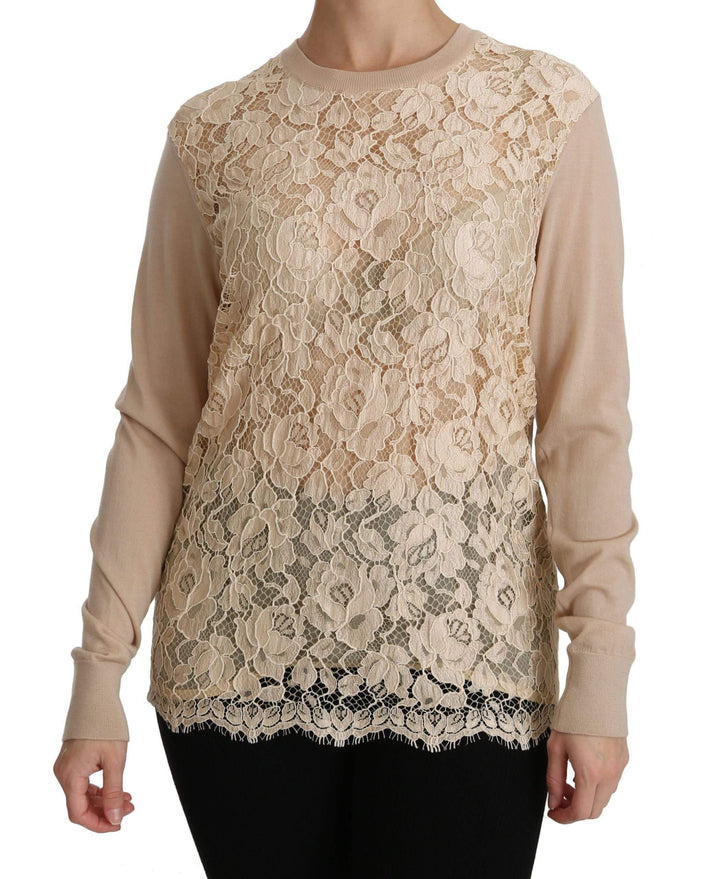 Dolce & Gabbana  Beige Lace Long Sleeve Top Cashmere Blouse #women, Beige, Brand_Dolce & Gabbana, Catch, Dolce & Gabbana, feed-agegroup-adult, feed-color-beige, feed-gender-female, feed-size-IT38|XS, Gender_Women, IT38|XS, Kogan, Tops & T-Shirts - Women - Clothing, Women - New Arrivals at SEYMAYKA