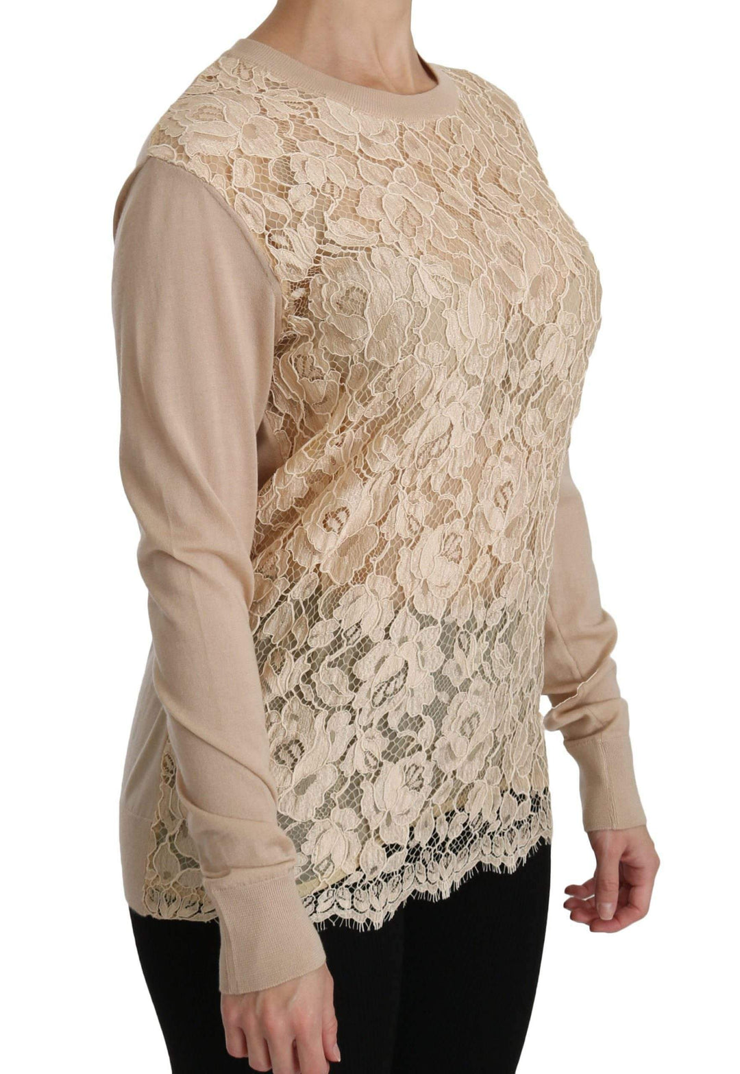 Dolce & Gabbana  Beige Lace Long Sleeve Top Cashmere Blouse #women, Beige, Brand_Dolce & Gabbana, Catch, Dolce & Gabbana, feed-agegroup-adult, feed-color-beige, feed-gender-female, feed-size-IT38|XS, Gender_Women, IT38|XS, Kogan, Tops & T-Shirts - Women - Clothing, Women - New Arrivals at SEYMAYKA