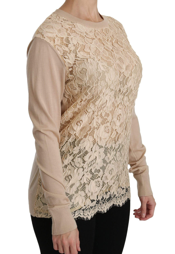 Dolce & Gabbana  Beige Lace Long Sleeve Top Cashmere Blouse #women, Beige, Brand_Dolce & Gabbana, Catch, Dolce & Gabbana, feed-agegroup-adult, feed-color-beige, feed-gender-female, feed-size-IT38|XS, Gender_Women, IT38|XS, Kogan, Tops & T-Shirts - Women - Clothing, Women - New Arrivals at SEYMAYKA