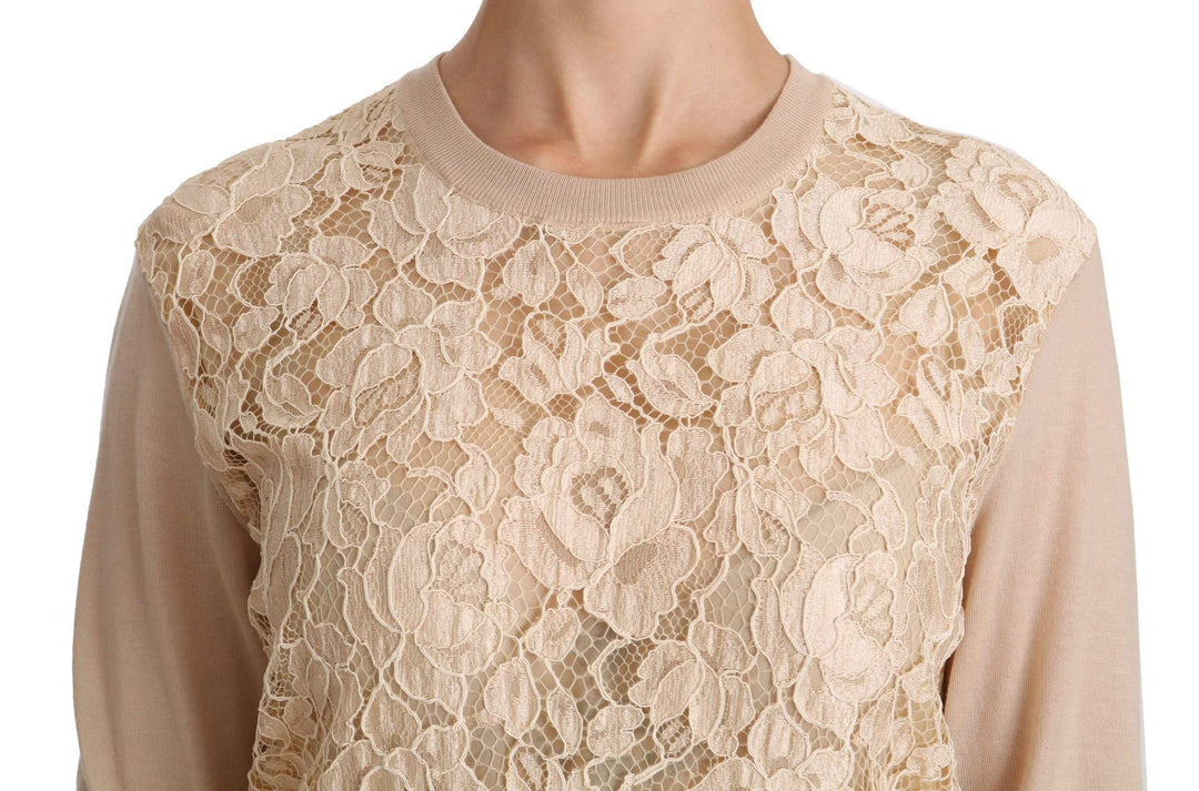 Dolce & Gabbana  Beige Lace Long Sleeve Top Cashmere Blouse #women, Beige, Brand_Dolce & Gabbana, Catch, Dolce & Gabbana, feed-agegroup-adult, feed-color-beige, feed-gender-female, feed-size-IT38|XS, Gender_Women, IT38|XS, Kogan, Tops & T-Shirts - Women - Clothing, Women - New Arrivals at SEYMAYKA