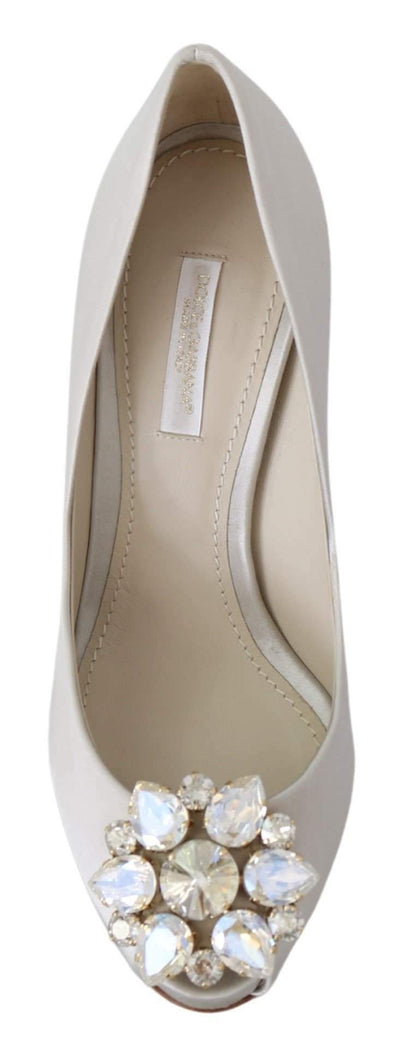 Dolce & Gabbana White Crystals Peep Toe Heels Satin Pumps Shoes #women, Brand_Dolce & Gabbana, Dolce & Gabbana, EU35/US4.5, feed-agegroup-adult, feed-color-white, feed-gender-female, feed-size-US4.5, Gender_Women, Pumps - Women - Shoes, Shoes - New Arrivals, White at SEYMAYKA