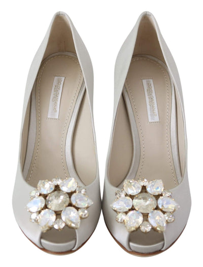 Dolce & Gabbana White Crystals Peep Toe Heels Satin Pumps Shoes #women, Brand_Dolce & Gabbana, Dolce & Gabbana, EU35/US4.5, feed-agegroup-adult, feed-color-white, feed-gender-female, feed-size-US4.5, Gender_Women, Pumps - Women - Shoes, Shoes - New Arrivals, White at SEYMAYKA