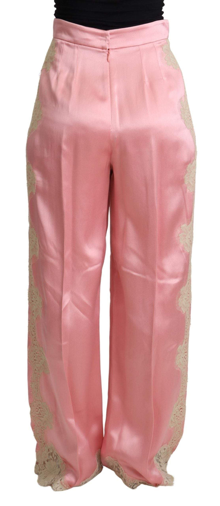 Dolce & Gabbana Pink Lace Trimmed Silk Satin Wide Legs Pants #women, Dolce & Gabbana, feed-agegroup-adult, feed-color-Pink, feed-gender-female, IT38|XS, IT40|S, IT42|M, IT44|L, IT46|XL, IT48|XXL, IT50|3XL, Jeans & Pants - Women - Clothing, Pink, Women - New Arrivals at SEYMAYKA