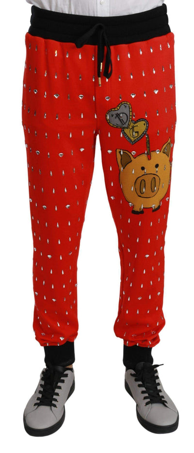 Dolce & Gabbana  Red Piggy Bank Cotton Crystal Trousers Pants #men, Brand_Dolce & Gabbana, Catch, Dolce & Gabbana, feed-agegroup-adult, feed-color-red, feed-gender-male, feed-size-IT44 | XS, feed-size-IT48 | M, feed-size-IT50 | L, Gender_Men, IT44 | XS, IT46 | S, IT48 | M, IT50 | L, Jeans & Pants - Men - Clothing, Kogan, Men - New Arrivals, Red at SEYMAYKA