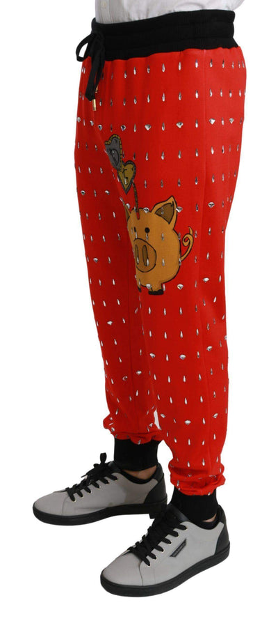 Dolce & Gabbana  Red Piggy Bank Cotton Crystal Trousers Pants #men, Brand_Dolce & Gabbana, Catch, Dolce & Gabbana, feed-agegroup-adult, feed-color-red, feed-gender-male, feed-size-IT44 | XS, feed-size-IT48 | M, feed-size-IT50 | L, Gender_Men, IT44 | XS, IT46 | S, IT48 | M, IT50 | L, Jeans & Pants - Men - Clothing, Kogan, Men - New Arrivals, Red at SEYMAYKA